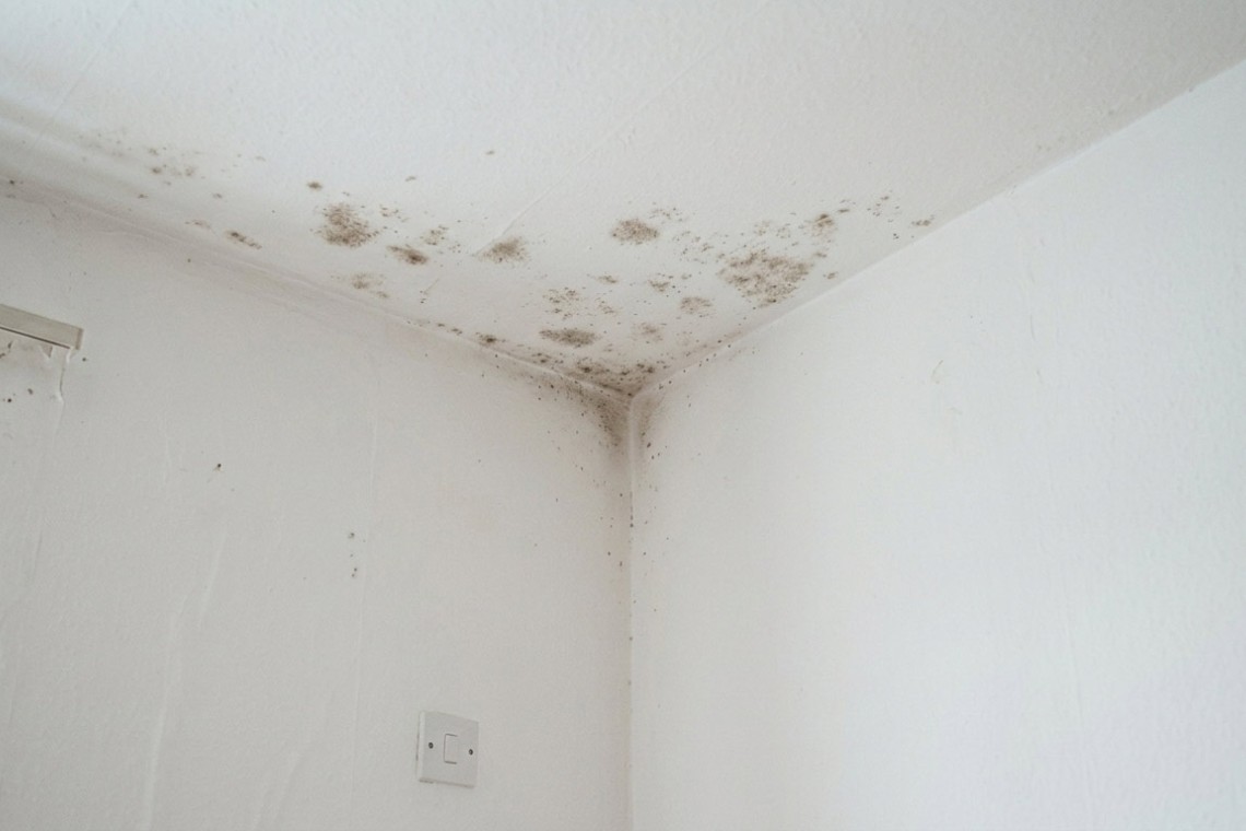 Detailaufnahme von Schimmelpilzbefall an einer Zimmerwand durch Feuchtigkeit.